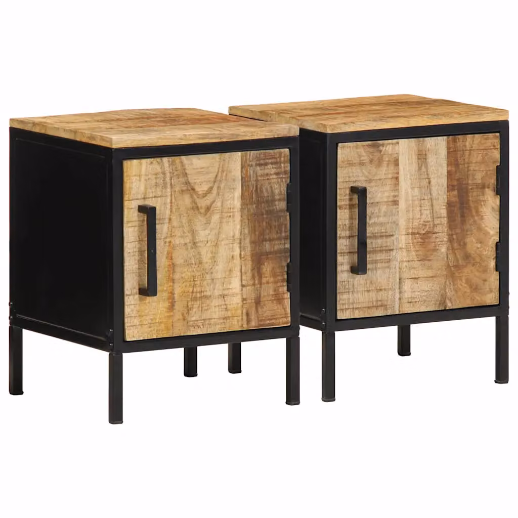 Set di 2 comodini vidaXL in legno di mango e metallo, stile rustico, Marrone e Nero, L/P/H: 30 x 30 x 40 cm