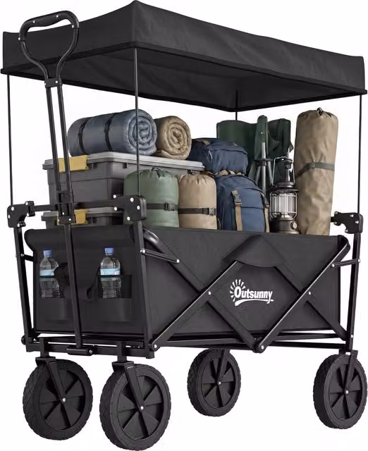 Carrello da trasporto pieghevole con tettuccio, telaio in acciaio nero, capacità 110L, 97x52x105 cm, robusto e salvaspazio