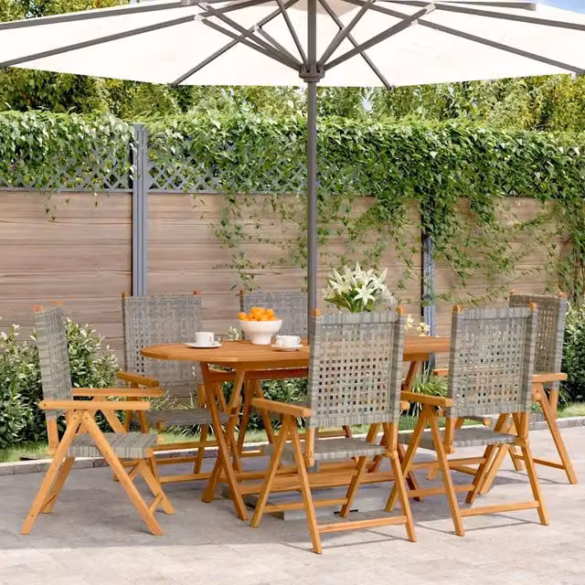 Set di 6 sedie da giardino reclinabili VIDAXL in polyrattan e legno di acacia oliato con cuscini grigi e braccioli – 1