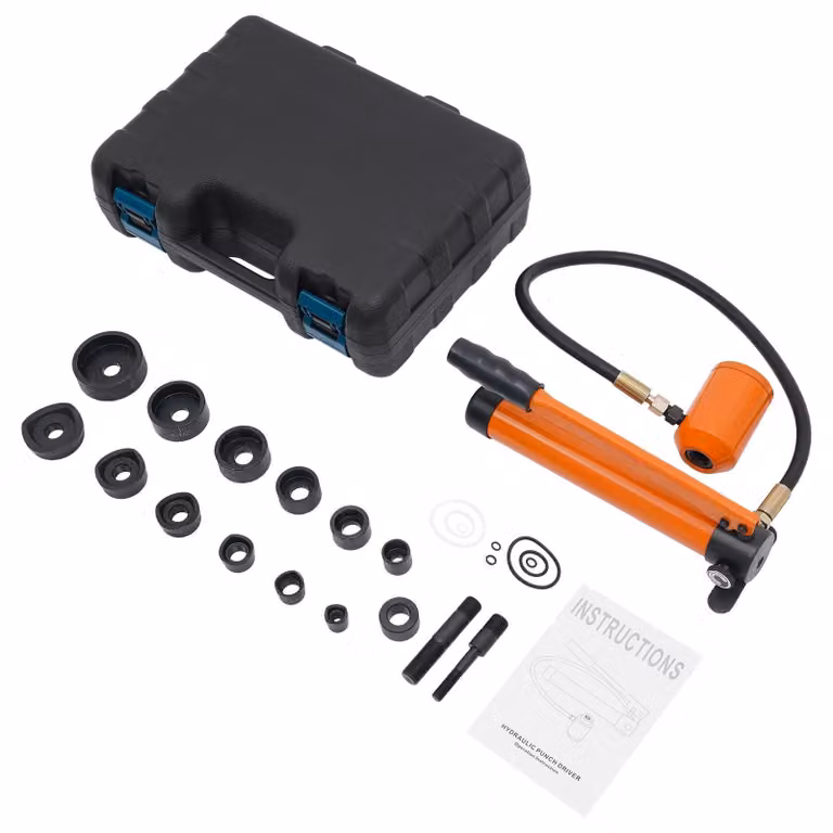 Set idraulico per punzonatura - Pompa manuale - Forza di pressatura 80 kN - Corsa 25 mm - 6 matrici - Arancione