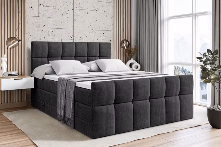 Letto boxspring ALTDECOR con materasso e rete a doghe - RICAR -Z KING - 200x200 cm - Velluto nero - Coprimaterasso, pediera, letto imbottito con contenitore, letto con vano portaoggetti H3 e H4 - Materasso, letto matrimoniale, letto boxspring