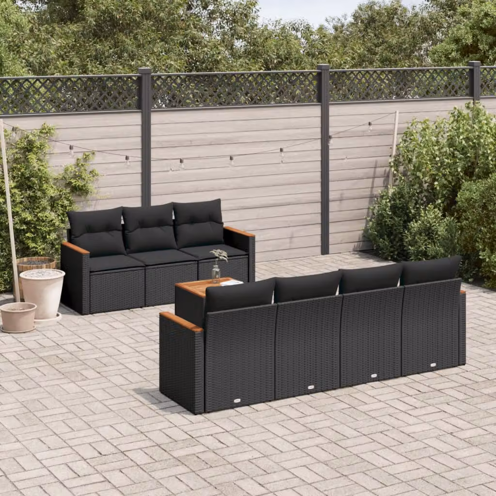 Set di divani da giardino vidaXL in polyrattan nero con cuscini e tavolino da esterno 8 pz – 1
