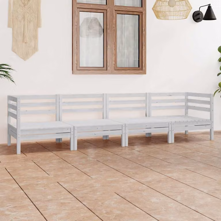 Set di divani da giardino vidaXL a forma di L in legno di pino massello bianco con elementi angolari e sedute in tessuto