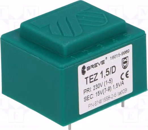 1 trasformatore: rivestito, 15V, 230VAC, 100mA, 1,5VA. Montaggio: TEZ1.5/D230/15V -Tra