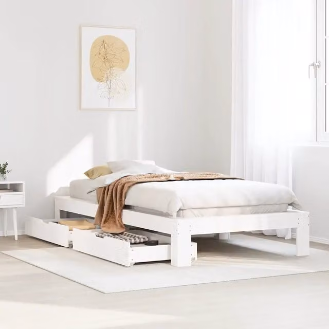 Giroletto vidaXL in legno massello di pino bianco con doghe piatte e cassetti L/P/H: 221.5 x 90 x 180 cm