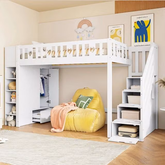 Letto mezzanino 90x200cm - Xylo - bianco, scala-ripiano, balaustra cuore