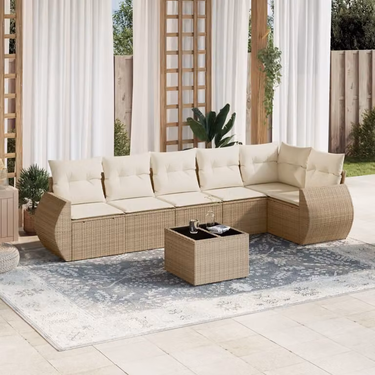 Set di divani da giardino vidaXL 7 pezzi con cuscini beige e tavolino in stile moderno per esterno