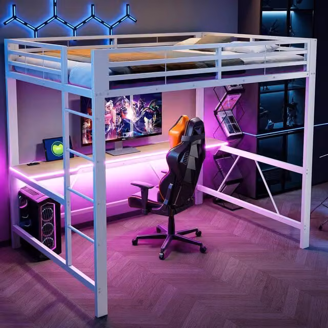 Letto da gioco 140x200 - Xylo - LED, USB, scrivania, bianco