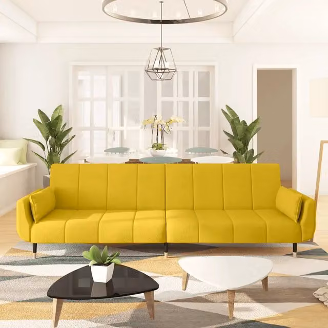 Divano Letto a 2 Posti con 2 Cuscini Giallo in Velluto 337589