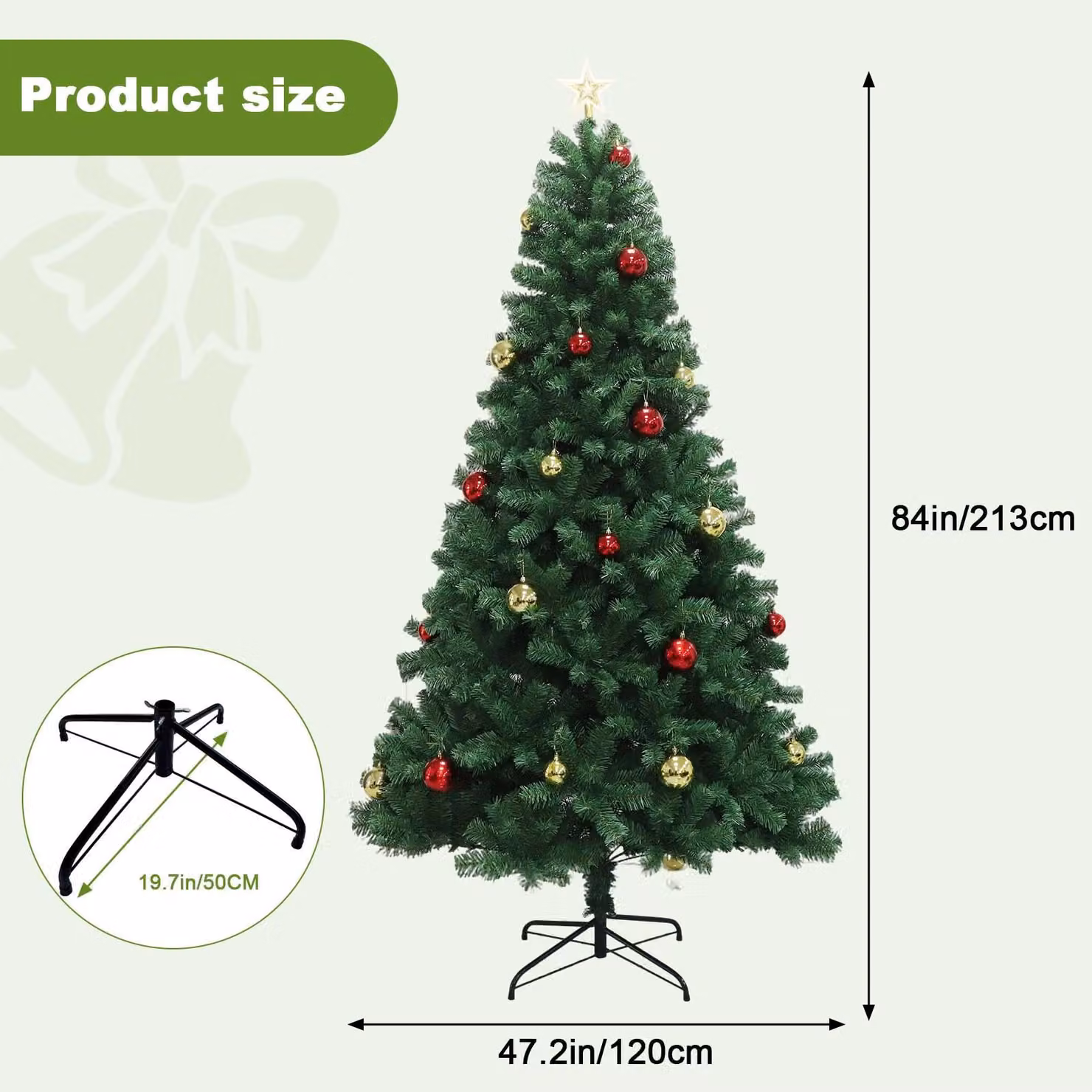 Albero di Natale artificiale - Altezza 2,1 metri - Verde intenso - Catena di luci LED bianco caldo - Decorazioni a forma di sfera natalizia - Ideale per soggiorno, corridoio e ufficio