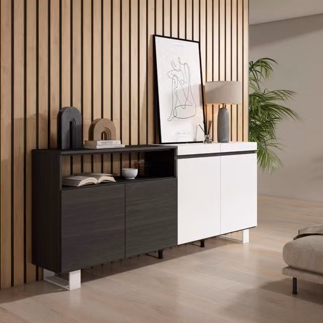 Credenza, Mobile, 200x35x87cm, 4 Porte, Design industriale, Bianco e nero RF2400
