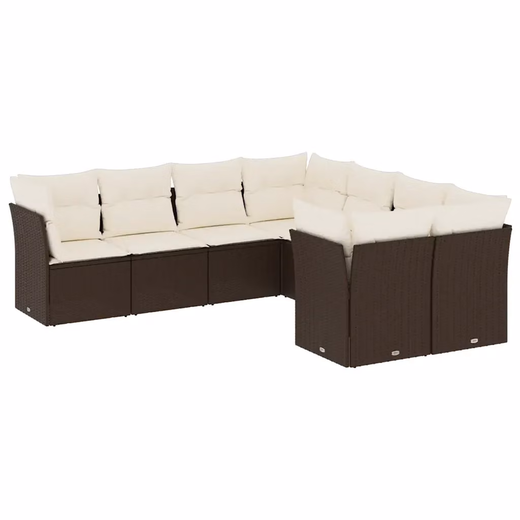 Set di divani da giardino vidaXL a forma di L composto da 8 pezzi in polyrattan marrone con cuscini bianchi imbottiti e resistenti ai raggi UV – 2