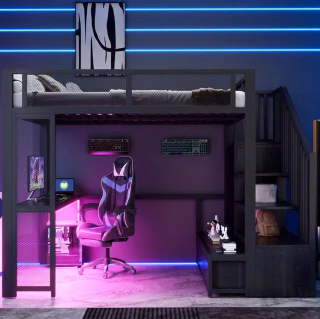 Letto a soppalco per bambini 140x200 cm in metallo con scrivania, LED, USB, armadio aperto e 3 cassetti, nero