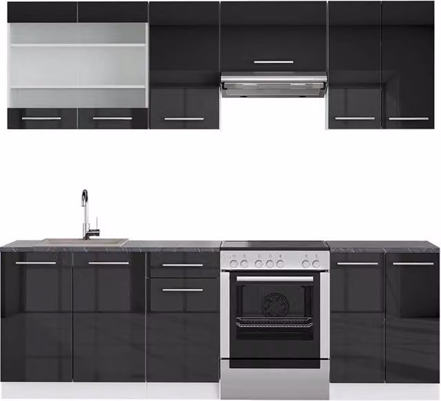 Cucina componibile moderna Vicco Fame-Line in MDF e metallo, colore Antracite lucido e Bianco, L: 240 cm – 1