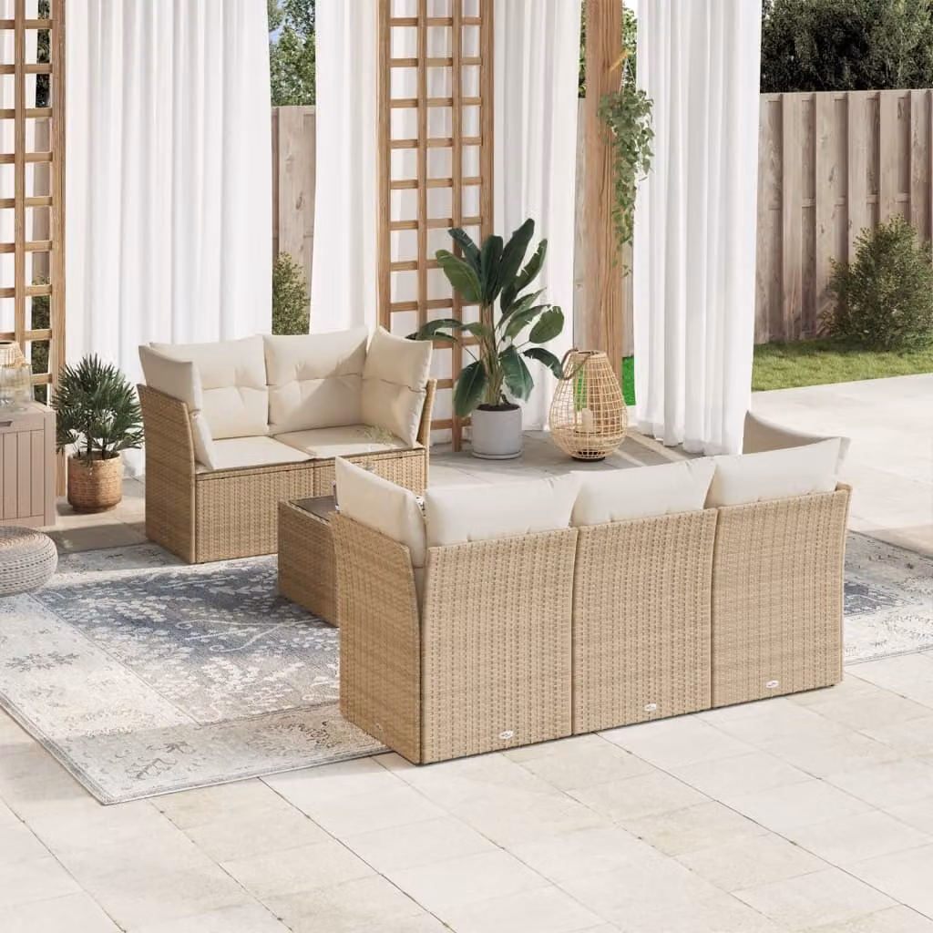 vidaXL Set Divano da Giardino 6 pz a L in Polyrattan con Cuscini Beige e Tavolino da Caffè – 1