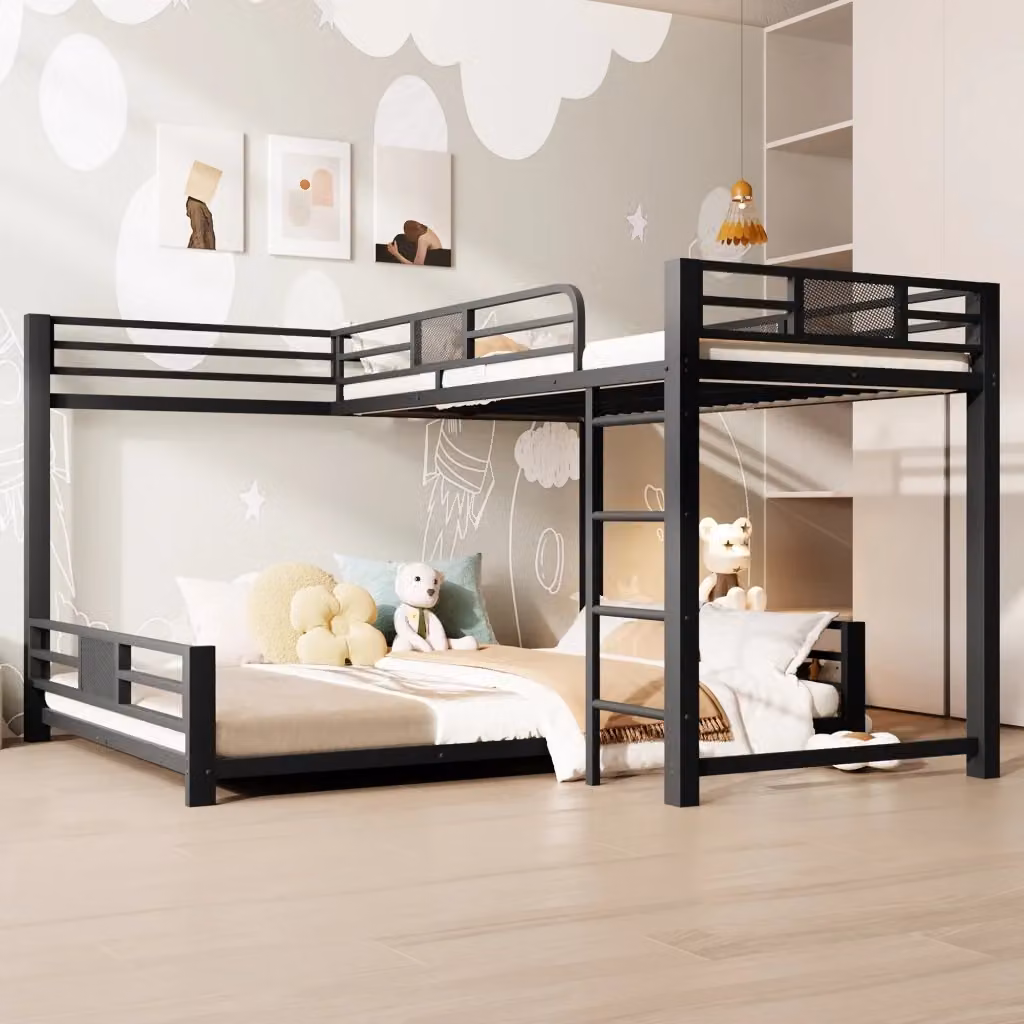 Letto a castello moderno in metallo con sponde di sicurezza nero L/P/H: 130 x 90 x 204 cm e 130 x 140 x 204 cm – 2