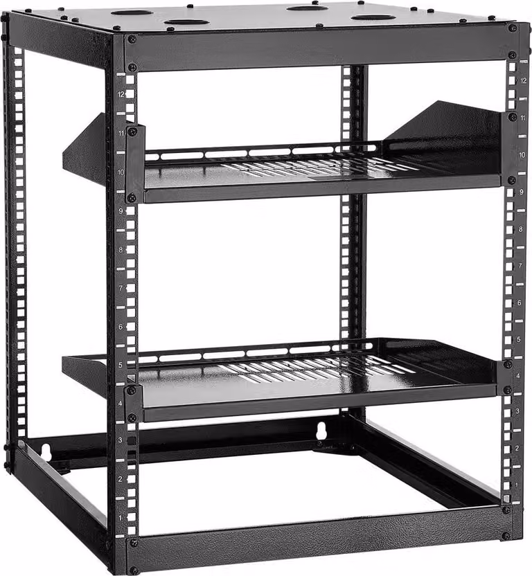 Rack di rete a telaio aperto 12U, profondità 585 mm, rack per server a parete o da pavimento, 4 montanti per impieghi gravosi, con ripiani ventilati e hardware di montaggio, può contenere tutte le vostre apparecchiature IT di rete e AV.