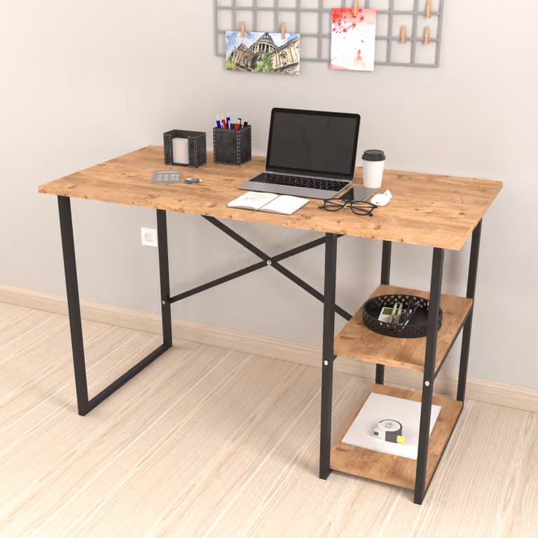 Scrivania Nittedal con ripiano Scrivania per computer in stile rovere Scrivania per PC con 2 ripiani Struttura rettangolare in metallo