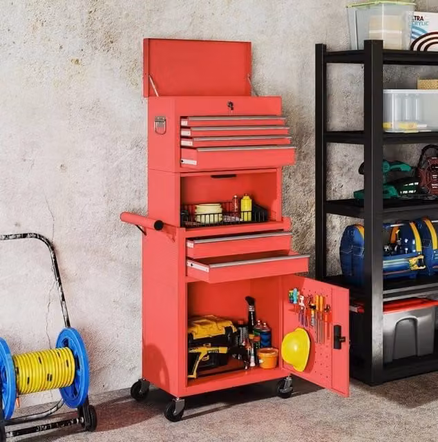 Carrello portautensili in acciaio rosso con 6 cassetti, piano di lavoro e serratura, L/P/H: 100 x 62 x 82 cm