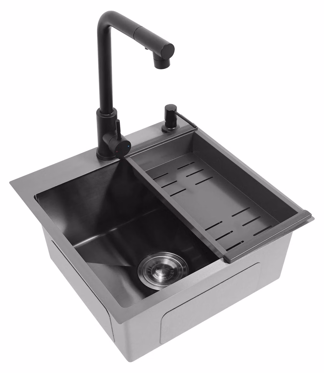 Lavello da cucina - Vasca singola - Acciaio inossidabile - Miscelatore estraibile da 60 cm - Rivestimento nanotecnologico - Due fori - 45 x 45 x 18 cm - Nero