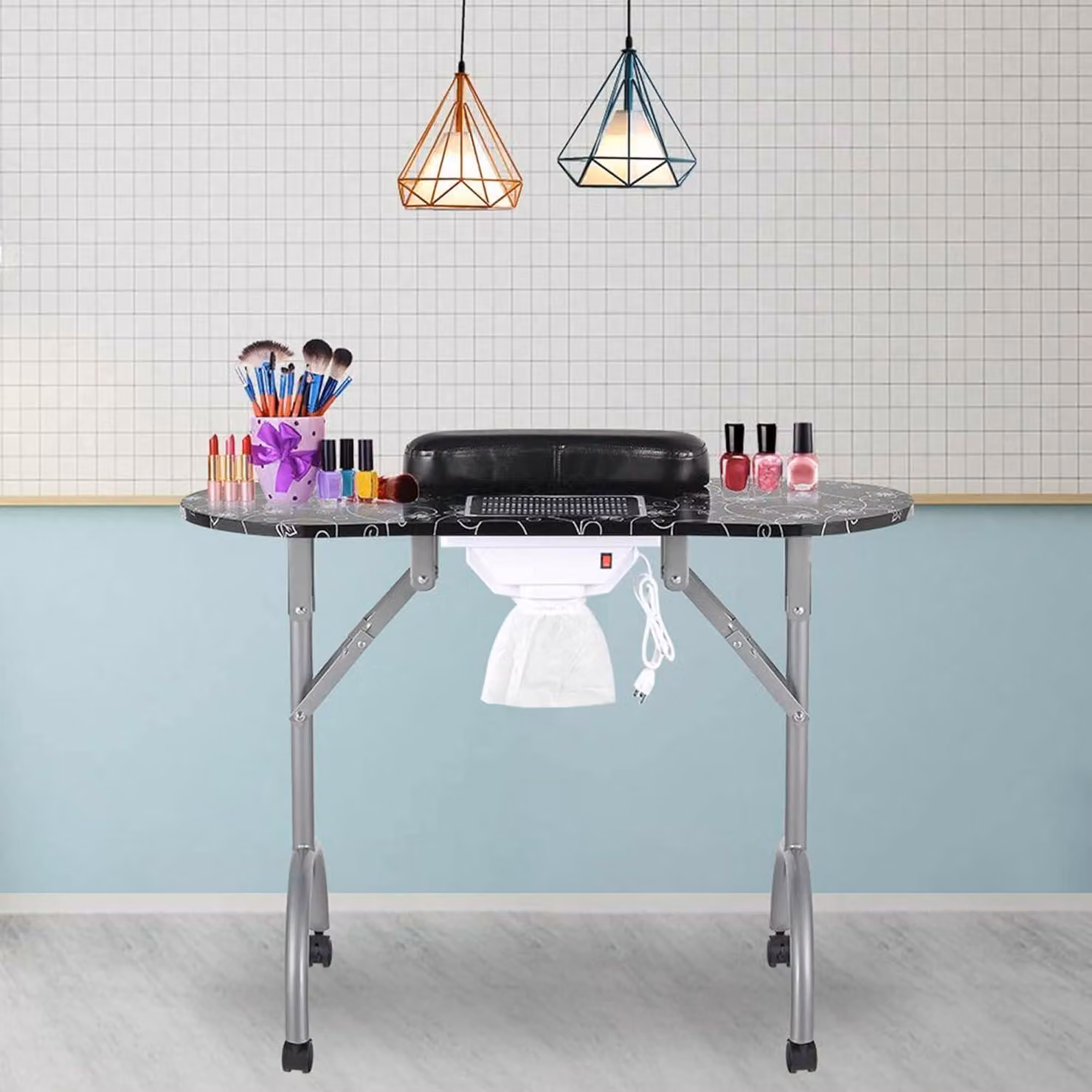 LEIBOU Tavolo portatile pieghevole professionale per manicure e trattamenti di bellezza, con ventilatore e borsa (35" x 16" x 28") (nero)