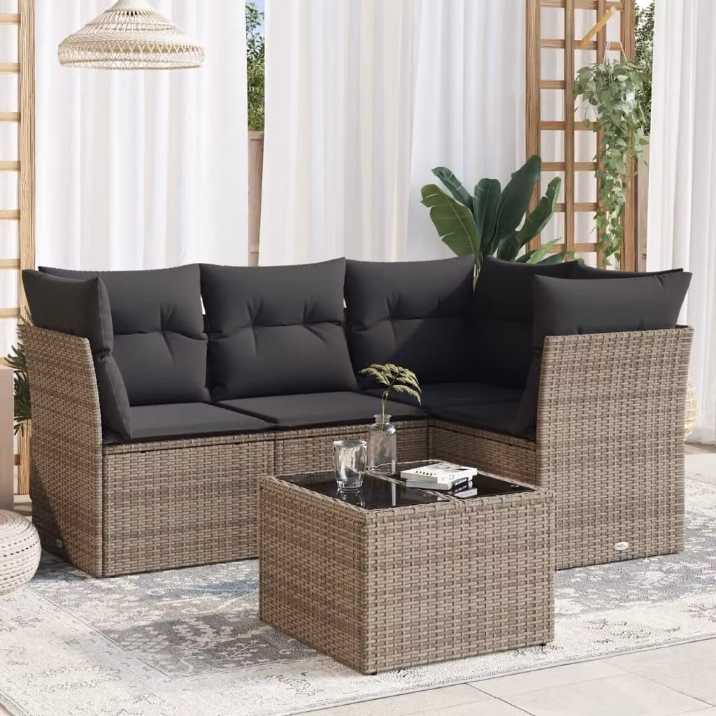 vidaXL Set Divano da Giardino 5 pz a Forma a L in Polyrattan Grigio con Cuscini e Tavolino da Caffè – 1