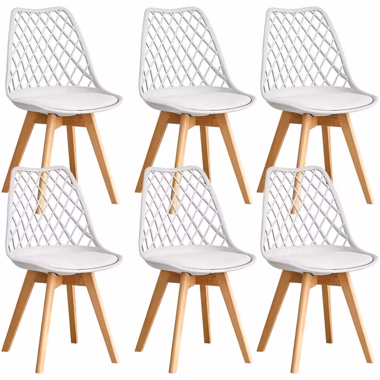 Set di 4 moderne sedie da pranzo con schienale in rete, gambe in legno massello e cuscino imbottito