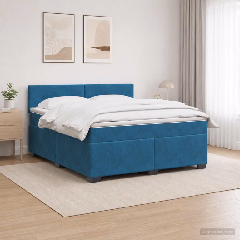 Letto con Box Spring vidaXL in Velluto Blu con Materasso, Illuminazione LED e Porte USB, L/P: 180 x 200 cm