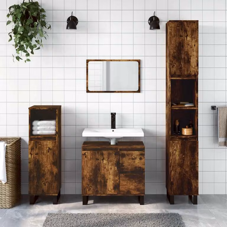 Set di mobili da bagno moderno vidaXL in legno rovere e metallo marrone, composto da 3 pezzi con colonna alta, mobile laterale e mobile lavabo