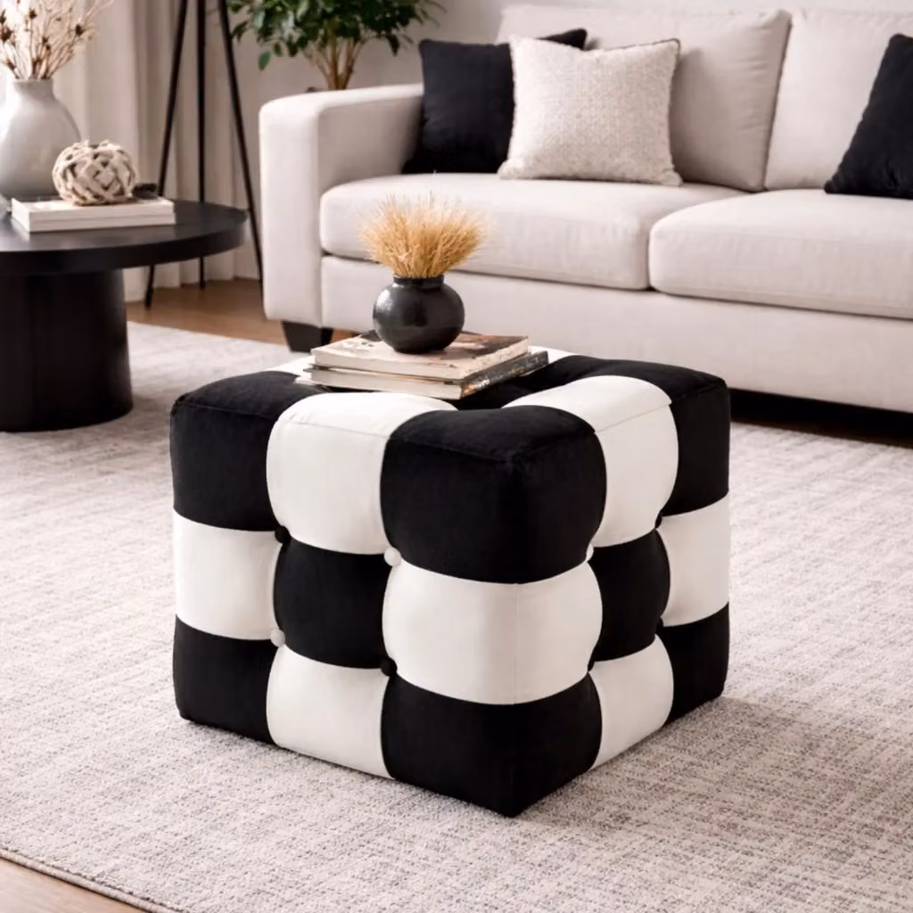 Pouf a cubo in velluto Patchwork HANAH HOME Bianco e Nero L/P/H: 42 x 42 x 42 cm – 2