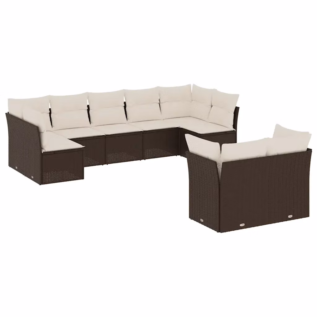 Set di divani da giardino vidaXL in polyrattan marrone con cuscini bianchi, 9 pezzi – 2