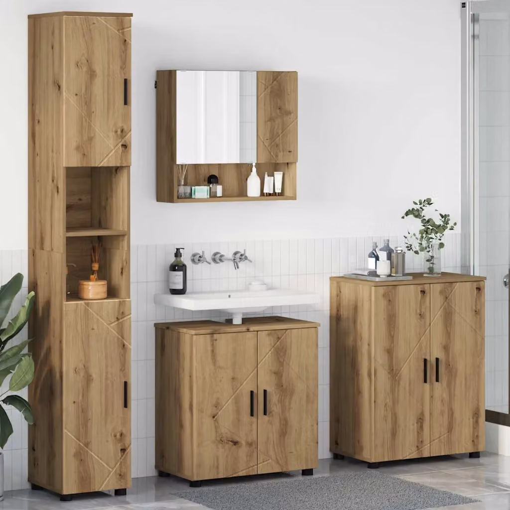 Set di mobili per bagno moderno vidaXL in legno e metallo color rovere, composto da mobile lavabo, pensile con specchio, colonna alta e mobile laterale, L/P/H: 73.54 x 61.0 x 192.0 cm