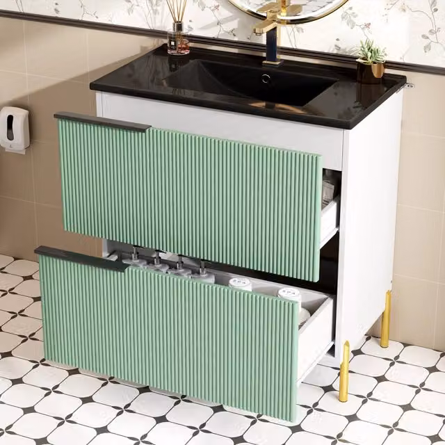 Mobile sottolavabo da bagno con lavabo in ceramica, 2 cassetti, in MDF, verde, con maniglie e piedini in metallo