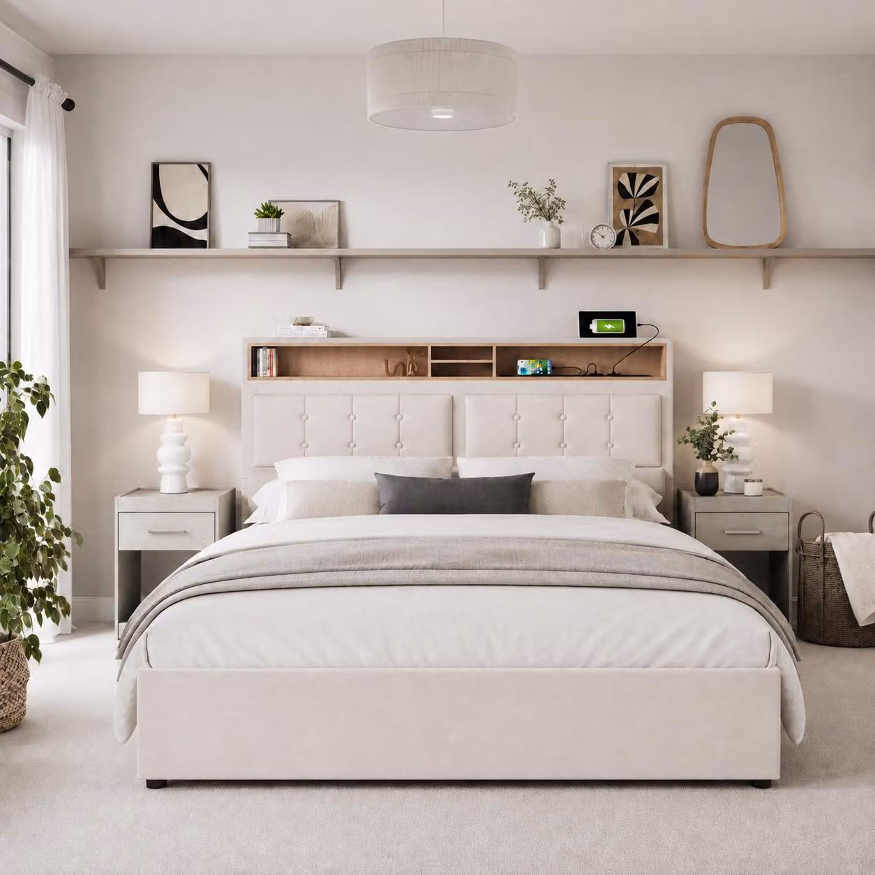 okwish Letto imbottito 140 x 200 cm, letto matrimoniale con 4 cassetti e presa USB-C, testiera regolabile in altezza, rete in legno (materasso non incluso)