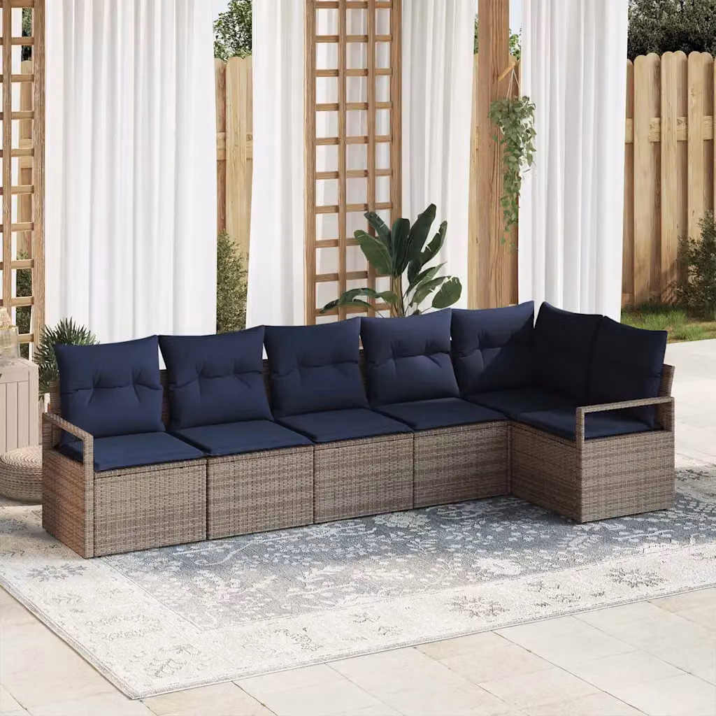 Set di divani da giardino vidaXL a forma di L composto da 6 pezzi in polyrattan grigio e blu con cuscini inclusi e struttura in acciaio verniciato a polvere
