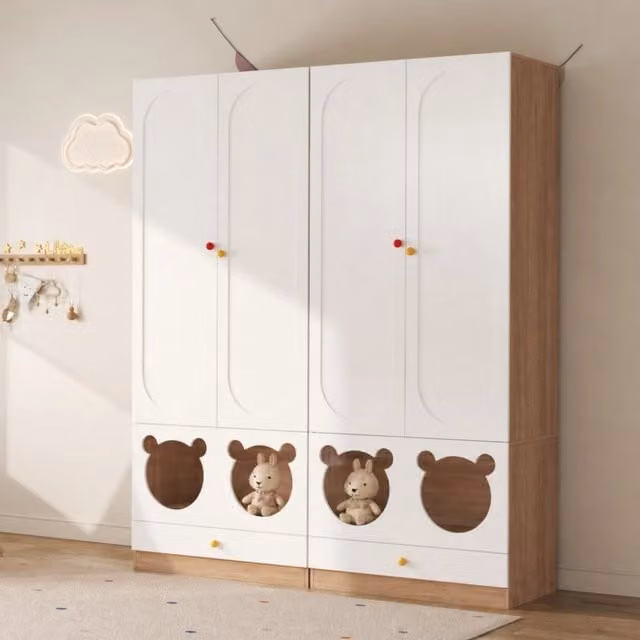 Armadio per bambini in stile scandinavo con due ante, cassetti interni e asta appendiabiti in MDF bianco e beige, L: 80 cm, P: 50 cm, H: 200 cm