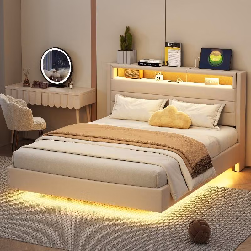 Letto imbottito 140x200 cm con presa USB e illuminazione LED, testiera reversibile con spazio contenitore, pediera nascosta, rivestito in lino color beige