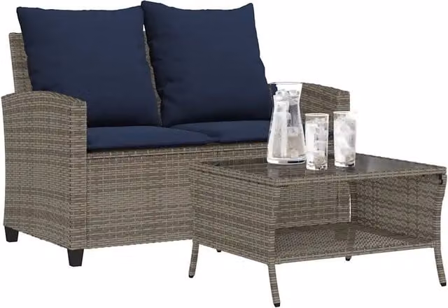 Divano da Giardino a 2 Posti Cuscini&Tavolo Grigio Polyrattan 4103852