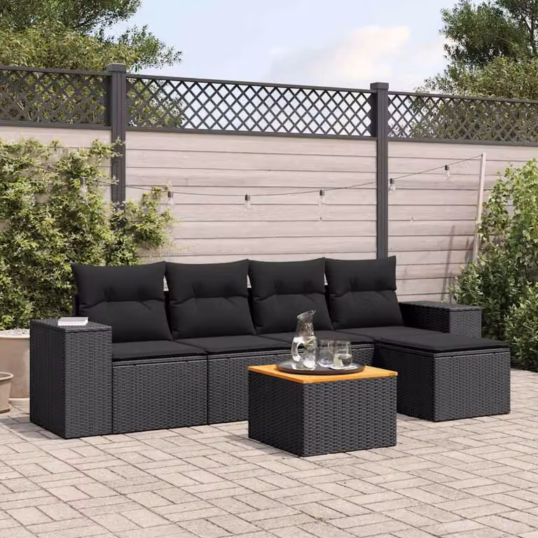 vidaXL Set Divano da Giardino a L in Polyrattan Nero con 6 Cuscini e Tavolino