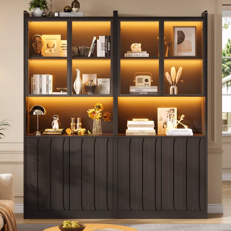 Set di 2 vetrine, dimensioni 160x35x200 cm, 8 ante, di cui 4 in vetro di sicurezza, illuminazione LED Bluetooth, 10 vani portaoggetti, ripiani interni regolabili, sistema di apertura a pressione, colore nero