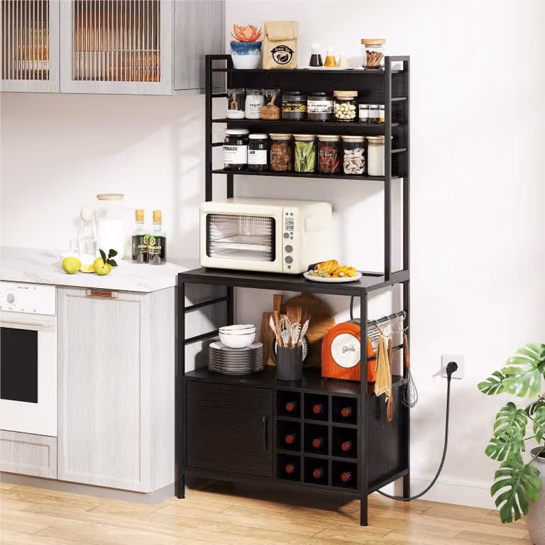 Armadio da cucina - Scaffale da cucina - Porta vini - Mobile contenitore - Ripiano per pane - Presa di corrente e porta USB integrati