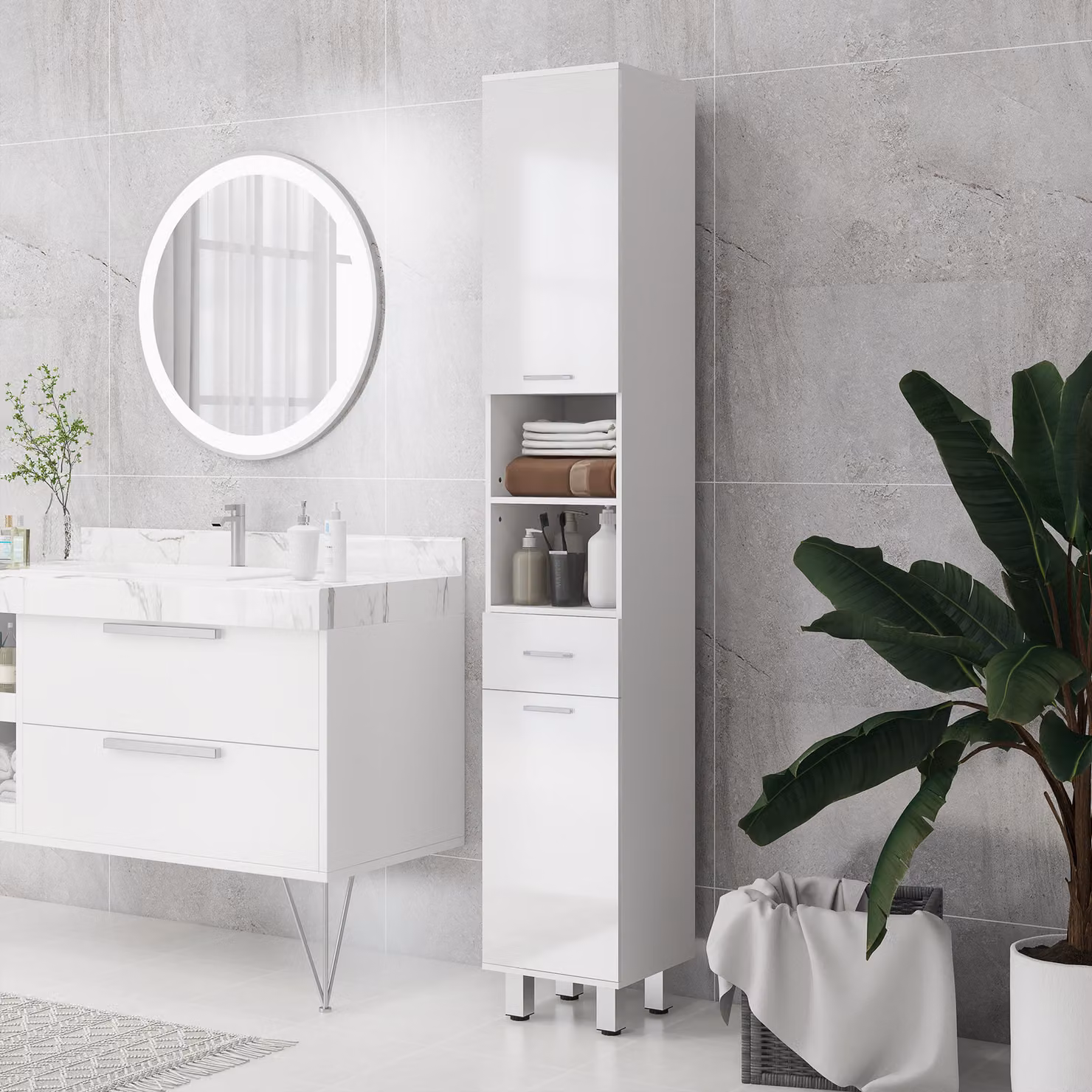 Armadio da bagno kleankin moderno con ripiani regolabili e cassetto, bianco lucido – 2