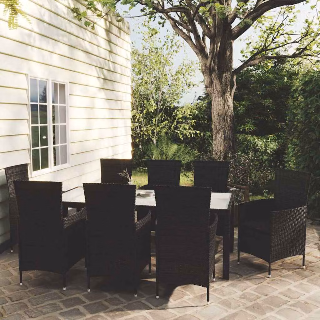 Set da pranzo da giardino vidaXL in polyrattan nero con cuscini e piano in vetro, 9 pezzi