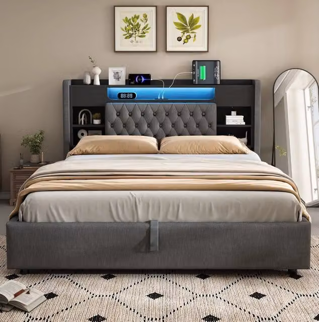 Letto matrimoniale contenitore 140x200 cm in lino grigio con LED, ricarica USB/USB-C e testiera a ripiani HAVRYA