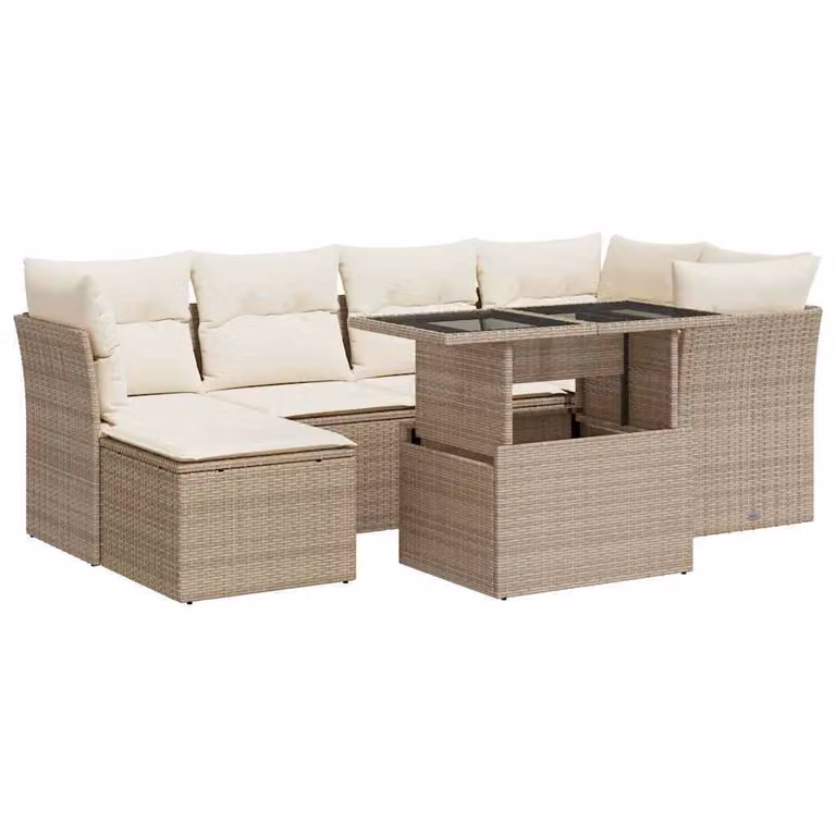 Set Divani da Giardino 7 pz con Cuscini Beige in Polyrattan