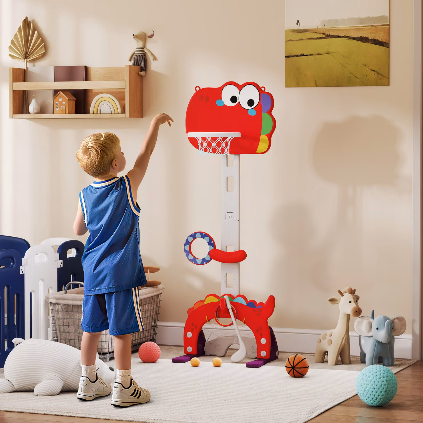 AIYAPLAY Canestro Basket 5 in 1 per Bambini con Altezza Regolabile, Porta da Calcio e Golf, Rosso – 2
