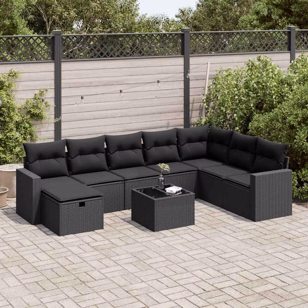 Set di divani da giardino vidaXL in polyrattan nero con cuscini per 9 persone