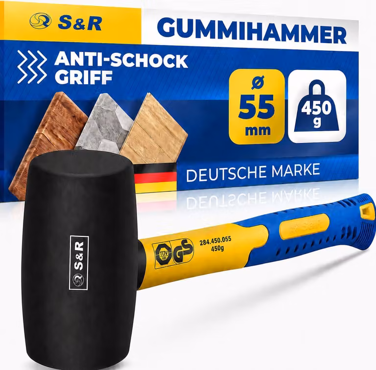 Martello in gomma S&R, Klein, colore nero, 55 mm, 450 g. Ideale per campeggio, martello per pavimentazione, senza rinculo – affidabile per piastrelle, mobili e finestre – GS e test – dimensioni 55 mm, peso 450 g