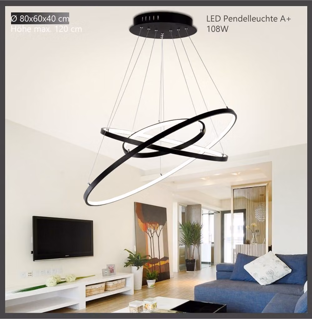 Lampada a sospensione LED 2130Black- 3 anelli 40*60*80cm 108W con telecomando Colore della luce/luminosità regolabile Paralume in acrilico struttura in metallo laccato nero