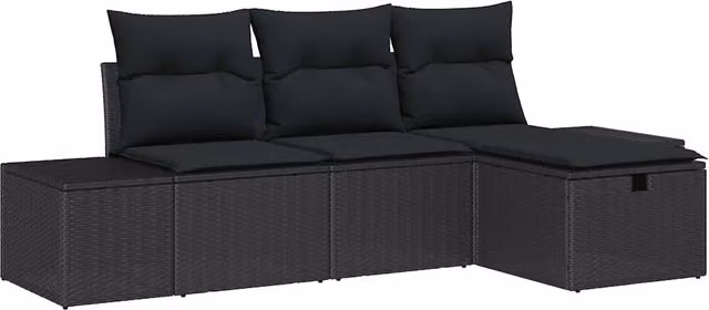 Set Divano da Giardino con cuscino 4 pz | Set Salotto da Giardino Nero Poly Rattan
